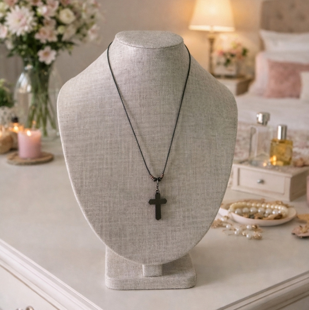 Hematite Cross Necklace On Cord 90s Unisex Vintage - Pre-loved (16"-26")